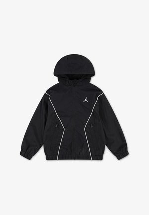 Black windbreaker jacket with a hood, featuring white piping accents, zippered side pockets, and a small logo on the chest.