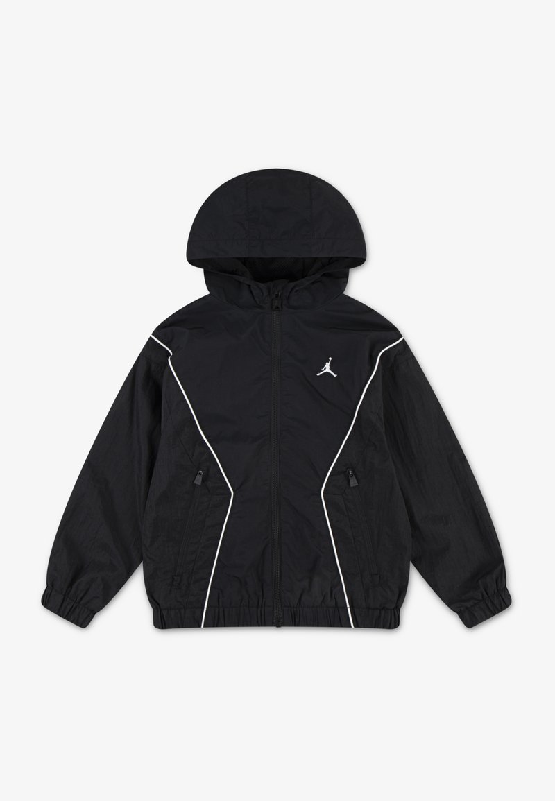 Black windbreaker jacket with a hood, featuring white piping accents, zippered side pockets, and a small logo on the chest.