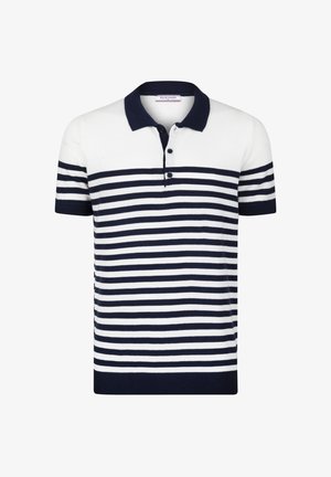 Navy and white striped polo shirt with short sleeves, a solid navy collar, and three-button placket. Made from soft fabric.
