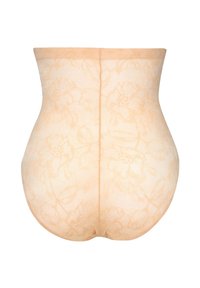 Beige bloemenkant shapewear met een naadloos ontwerp, een hoge taille en een gladde textuur, die een getailleerde silhouet creëert.