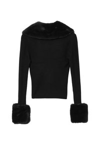 Schwarzer gerippter Pullover mit einem Kragen aus Kunstfell und Kunstfellmanschetten, der eine taillierte Passform und lange Ärmel aufweist.