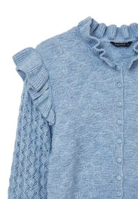 Cardigan lavorato a maglia blu chiaro con colletto e maniche a volant, texture con motivo e chiusura frontale con bottoni.