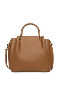 Sac à main en cuir brun avec une surface texturée, des poignées arrondies, des finitions dorées et une bandoulière amovible.