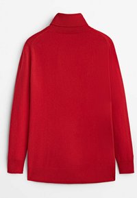 Pull rouge avec un col montant, des poignets et un ourlet côtelés. Fait en matériau doux avec une texture lisse. Design simple et à manches longues.