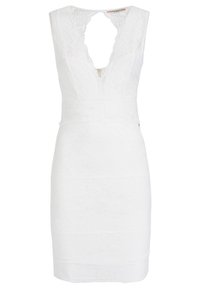 Ärmelloses weißes Spitzenkleid mit tiefem V-Ausschnitt und tailliertem Schnitt, knielang, mit floralem Spitzenmuster über das gesamte Kleid.