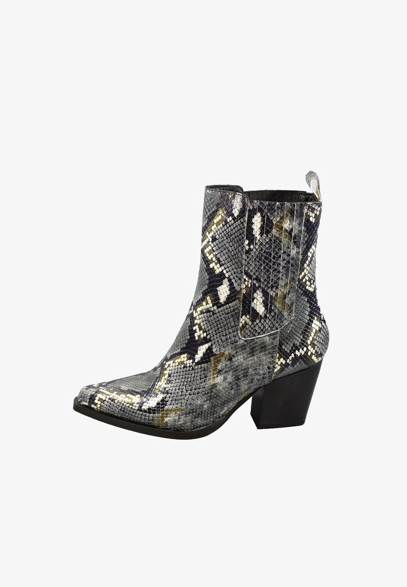 Stivaletto alla caviglia in motivo pitone nero e grigio, con punta affilata, design all'altezza della caviglia e tacco a blocco. Presenta pannelli elastici laterali.