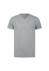 Herren schlichtes graues kurzärmliges V-Ausschnitt T-Shirt mit kleinem Logo am unteren Saum auf der linken Seite.