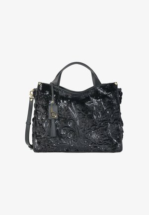 Sac à main en peluche noire avec un motif floral brodé, des accents en cuir, des poignées doubles, une bandoulière amovible et des détails en hardware doré.
