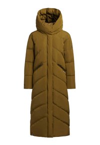 Lang olijfgroen gewatteerd winterjack met hoge kraag en ritszakken aan de voorkant, ontworpen voor warmte en volledige bedekking tot aan de lengte.