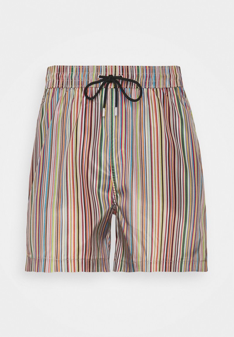 Shorts de bain colorés avec des rayures multicolores verticales, ceinture élastique et cordon de serrage réglable. Matière lisse et légère.