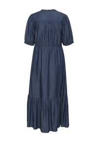 Denimklänning med ett lager-på-lager fåll, korta puffärmar och en rynkad midja. Färg: mörkblå. Mjuk textur med volangkrage.