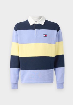 Langärmliges Poloshirt aus Baumwolle, mit horizontalen Streifen in Marineblau, helllila, Gelb und Dunkellila. Weißer Kragen und kleines Logo.