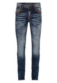 Jean en denim dans un délavé bleu avec une coupe slim, des coutures orange contrastantes et un design à cinq poches avec des coutures décoratives.