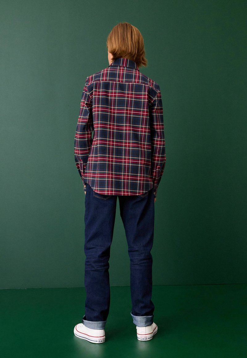 Personne aux cheveux courts châtain clair de dos, portant une chemise à carreaux rouge et bleu marine, un jean bleu foncé et des baskets blanches, debout sur un sol vert.