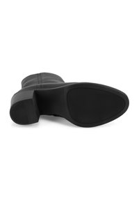 Schwarzer Lederstiefel mit runder Zehenform und strukturiertem Sohle. Verfügt über einen niedrigen, stabilen Absatz und eine glatte Oberfläche mit dezenten horizontalen Nähten.
