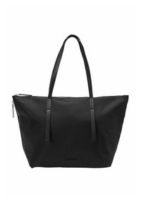 Black nylon tote bag with flat handles, featuring a zip closure and minimalistic design. Smooth texture with subtle stitching details.
