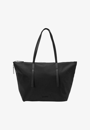 Black nylon tote bag with flat handles, featuring a zip closure and minimalistic design. Smooth texture with subtle stitching details.