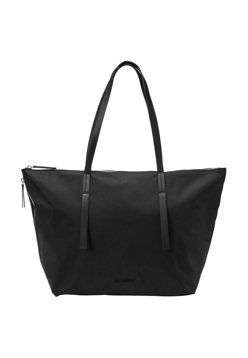Black nylon tote bag with flat handles, featuring a zip closure and minimalistic design. Smooth texture with subtle stitching details.