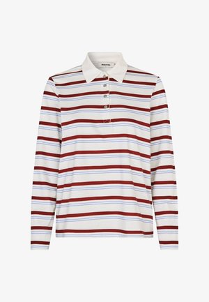 Polo à manches longues en blanc avec des rayures horizontales rouges et bleu clair, doté un col classique et un encolure à boutons.