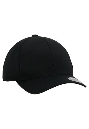 Black baseball cap with a rounded crown, curved brim, and vent holes. Made of fabric with a smooth texture and no visible logos or patterns.