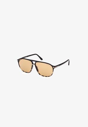 Sunglasses med en ram i svart och sköldpaddsmönster, bruna linser, vinkelform och metalliska detaljer på bågarna.