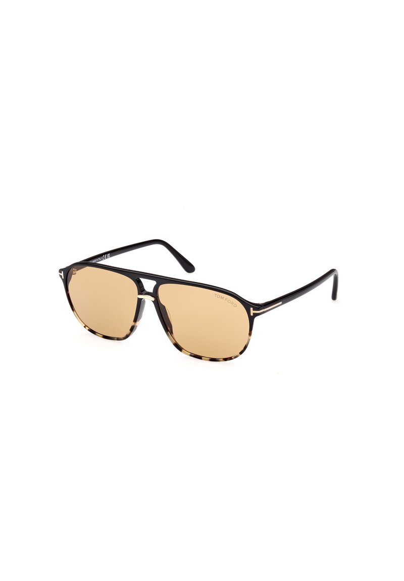 Sunglasses med en ram i svart och sköldpaddsmönster, bruna linser, vinkelform och metalliska detaljer på bågarna.