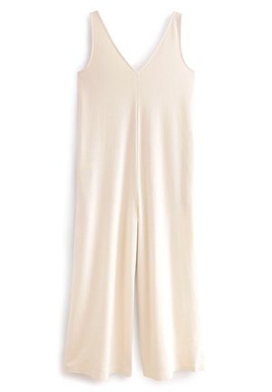 Combinaison sans manches de couleur crème avec un décolleté en V, jambes larges et tissu lisse et doux. Design simple, sans motifs ni accessoires visibles.