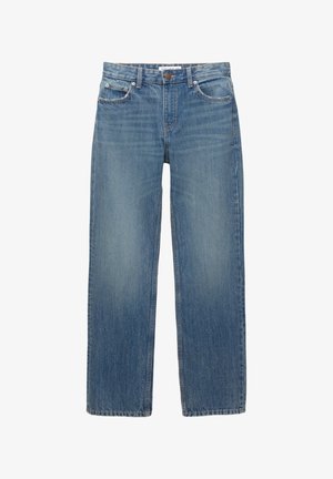 Jeans din denim albastru deschis cu croială dreaptă, cinci buzunare și accesorii de nuanță cupru. Materialul are o ușoară decolorare și o textură netedă.