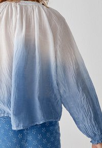 Blusa leggera e trasparente con effetto ombre bianco-blu, caratterizzata da un collo arruffato e maniche lunghe con polsini elasticizzati.