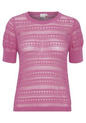 Pullover rosa corto in maglia con scollo rotondo, caratterizzato da una texture a fantasia con righe e piccoli motivi a cuore, e maniche a palloncino corte.