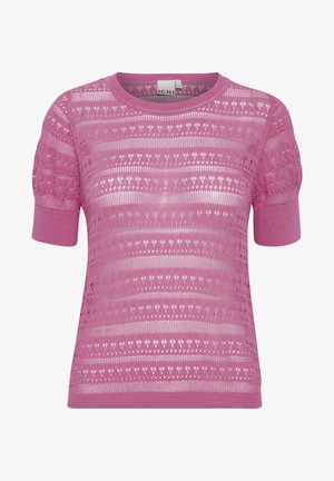 Pullover rosa corto in maglia con scollo rotondo, caratterizzato da una texture a fantasia con righe e piccoli motivi a cuore, e maniche a palloncino corte.
