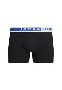 Boxers noirs avec une ceinture élastique blanche et bleue, comportant le texte "JACK & JONES" en bleu. Tissu lisse et design ajusté.