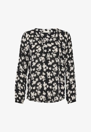Blusa nera a maniche lunghe con motivo floreale bianco, scollatura a V e vestibilità rilassata con orlo leggermente curvo. Tessuto leggero.