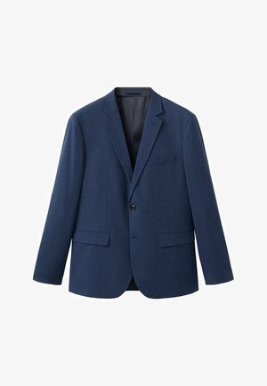 Marineblauwe blazer gemaakt van gestructureerde stof. Voorzien van gepunte revers, twee voorzakken, een borstzak en een enkele knoopsluiting.