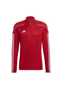 Maglietta sportiva rossa a maniche lunghe con mezza zip. Presenta strisce bianche sulle maniche e un design testurizzato sulle spalle. Logo Adidas visibile.