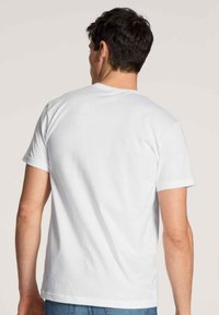 Weißes Baumwoll-T-Shirt mit Rundhalsausschnitt und kurzen Ärmeln, mit glatter Textur und einem schlichten Design, von hinten betrachtet.