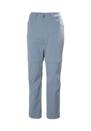 Světle modré, lehké nylonové kalhoty se zipovým designem pro přeměnu na šortky, s několika kapsami a hladkým povrchem.