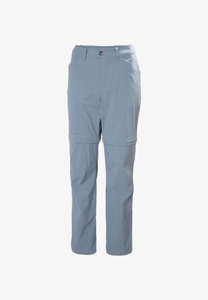 Light blue, lightweight, nylon pants with a zippered design for conversion to shorts, featuring multiple pockets and a smooth texture.