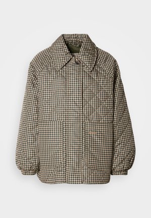 Veste à motif pied-de-poule en beige et vert foncé, dotée d'un large col, d'une fermeture à boutons et de manches élastiquées. Deux poches avant.