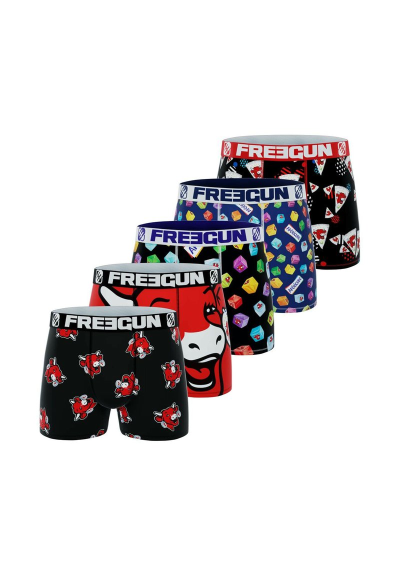 Cinq paires de boxers pour hommes avec divers motifs, y compris des vaches, de la nourriture et des formes colorées. Tous présentent une ceinture élastique avec le logo "FREEGUN".