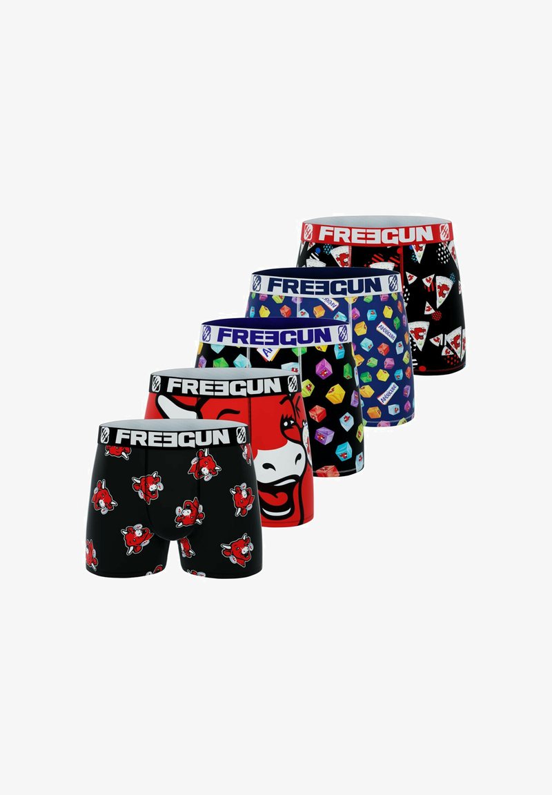 Cinq paires de boxers pour hommes avec divers motifs, y compris des vaches, de la nourriture et des formes colorées. Tous présentent une ceinture élastique avec le logo "FREEGUN".