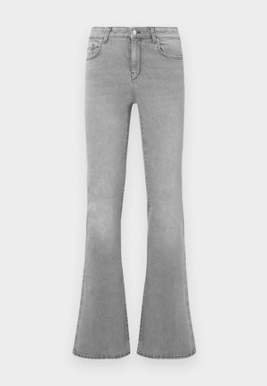 Jean flare gris en denim, avec un design classique à cinq poches, une fermeture éclair et des détails de décoloration subtils le long des jambes.