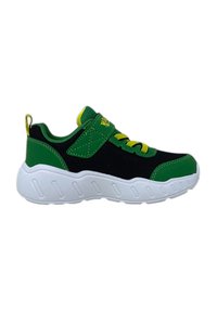 Sort og grøn sneakers med et tekstureret stofoverdel, hvid gummisål, gule snørebånd og en polstret krave for komfort.