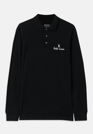 Črna dolga majica s polo ovratnikom iz bombaža, z ribasto ovratnikom, tri gumbe na zapletenju in belim vezenim logotipom "Ralph Lauren".