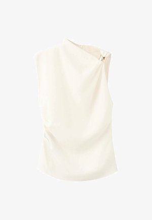 Krema bluza z visokim ovratnikom, z drapirano teksturo in stranskim zapiranjem, ki vsebuje zlat odtenek. Gladek material, brezrokavni dizajn.