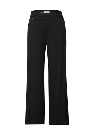 Pantaloni neri a gamba larga realizzati in materiale morbido e elastico. Presentano una vita elasticizzata e una superficie liscia senza segni o decorazioni visibili.