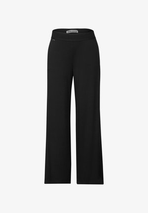 Sorte breddebenede bukser lavet af blødt, strækbart materiale. Har en elastisk talje og en glat tekstur uden synlige mønstre eller accenter.