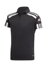 Schwarzes Poloshirt aus glattem Stoff mit Kragen, zwei Knöpfen und weißen Streifen an den Ärmeln. Verfügt über das Adidas-Logo auf der Schulter.