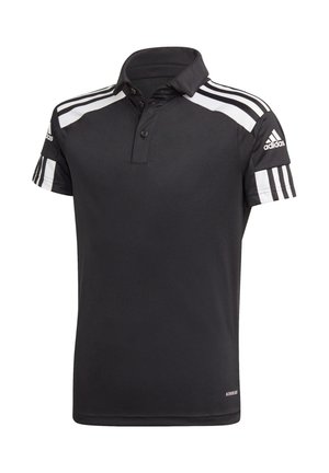 Schwarzes Poloshirt aus glattem Stoff mit Kragen, zwei Knöpfen und weißen Streifen an den Ärmeln. Verfügt über das Adidas-Logo auf der Schulter.