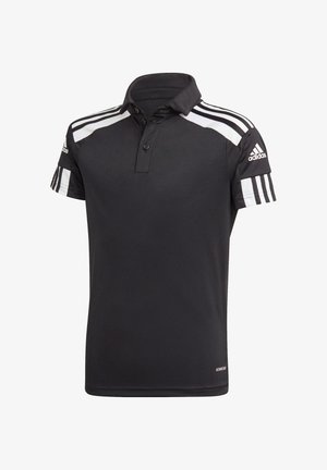 Schwarzes Poloshirt aus glattem Stoff mit Kragen, zwei Knöpfen und weißen Streifen an den Ärmeln. Verfügt über das Adidas-Logo auf der Schulter.